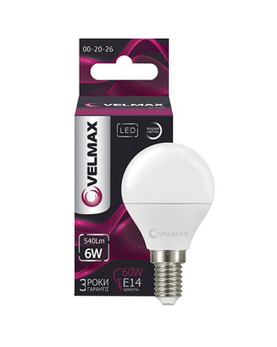 Светодиодная лампа VELMAX V-G45, 6W 220V E14 4100K 540Lm EMC (21-12-20)