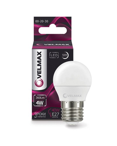 LED лампа VELMAX V-G45, 4W, 220V, E27, 4100K, 360Lm, EMC (21-12-42)