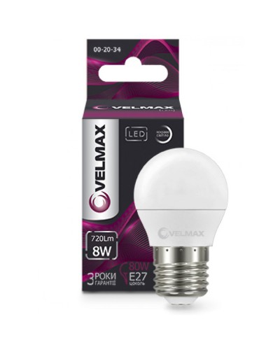 LED лампа VELMAX V-G45, 8W, 220V, Е27, 4100K, 720Lm, EMC (21-12-62)