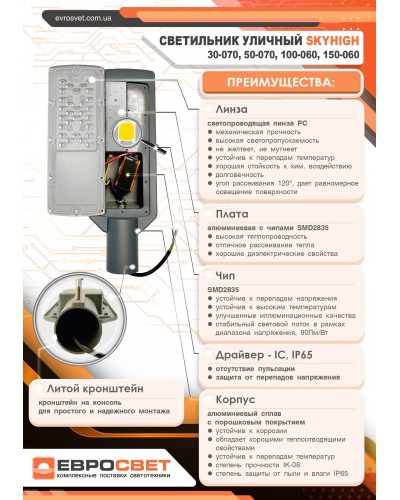 Светильник уличный консольный ЕВРОСВЕТ 100Вт 6400К SKYHIGH-100-060 (000040456)