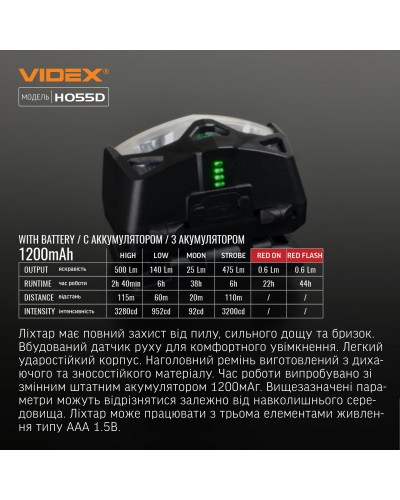 Налобный светодиодный фонарик VIDEX VLF-H055D 500Lm 5000K (VLF-H055D)